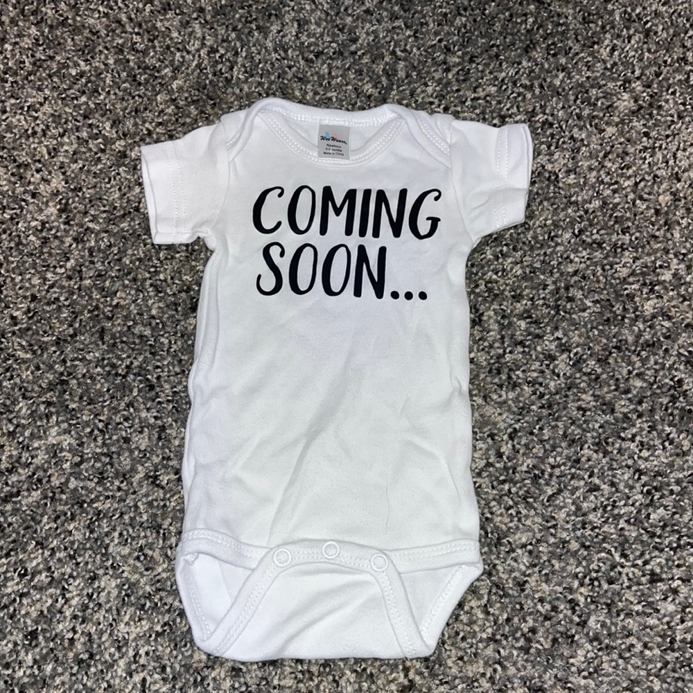 Unbranded White "Coming Soon" Baby One-Piece